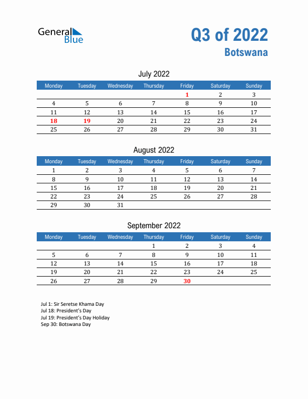 Botswana Q3 2022 Quarterly Calendar with Monday Start