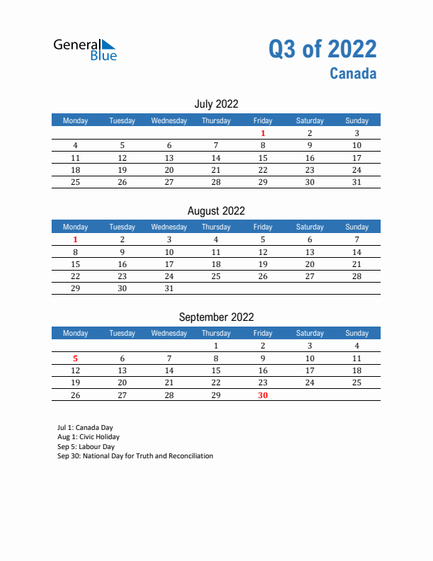 Canada Q3 2022 Quarterly Calendar with Monday Start