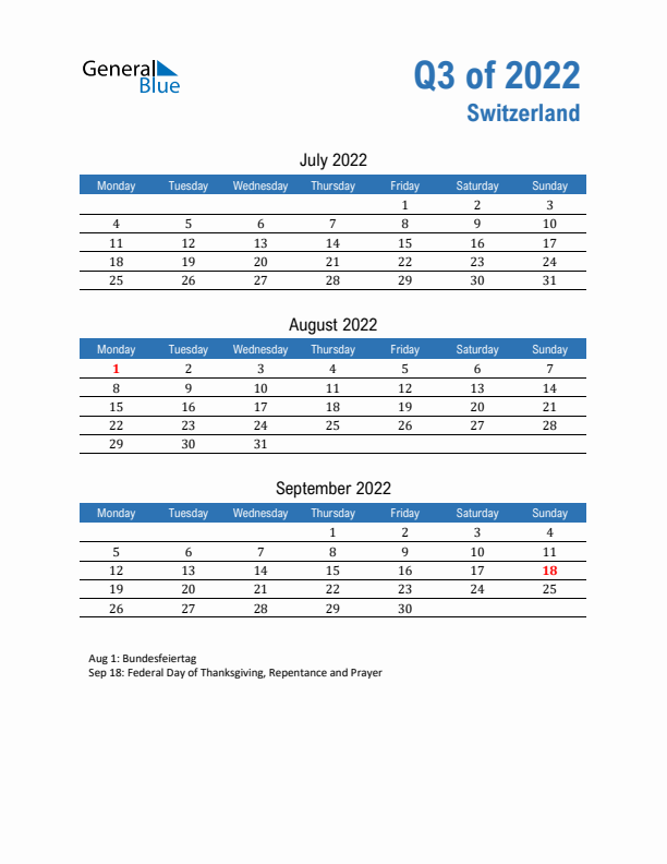 Switzerland Q3 2022 Quarterly Calendar with Monday Start