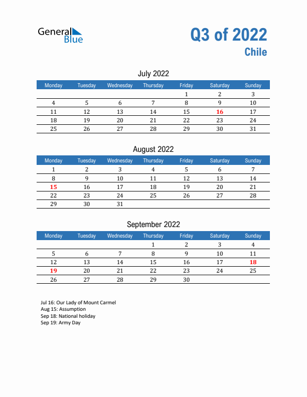 Chile Q3 2022 Quarterly Calendar with Monday Start