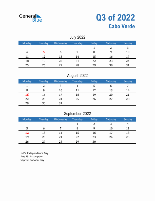 Cabo Verde Q3 2022 Quarterly Calendar with Monday Start