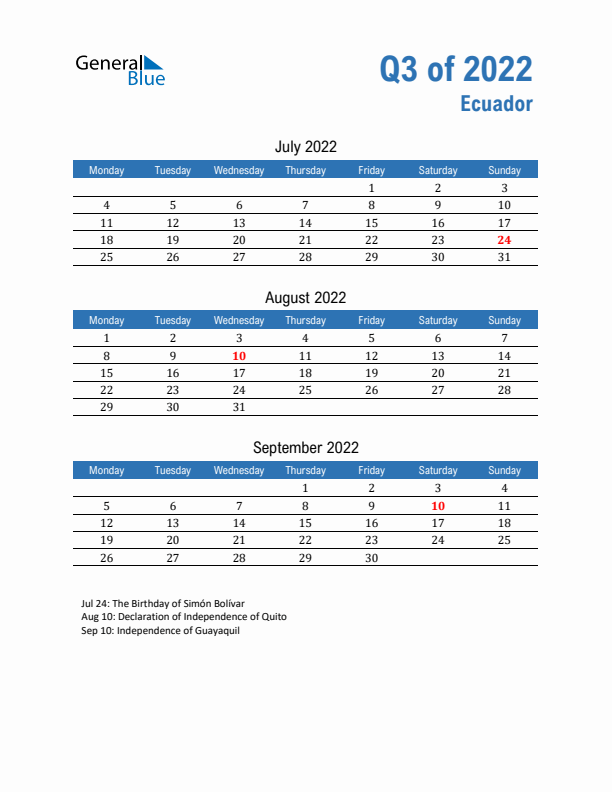 Ecuador Q3 2022 Quarterly Calendar with Monday Start