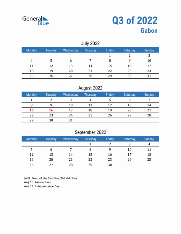 Gabon Q3 2022 Quarterly Calendar with Monday Start