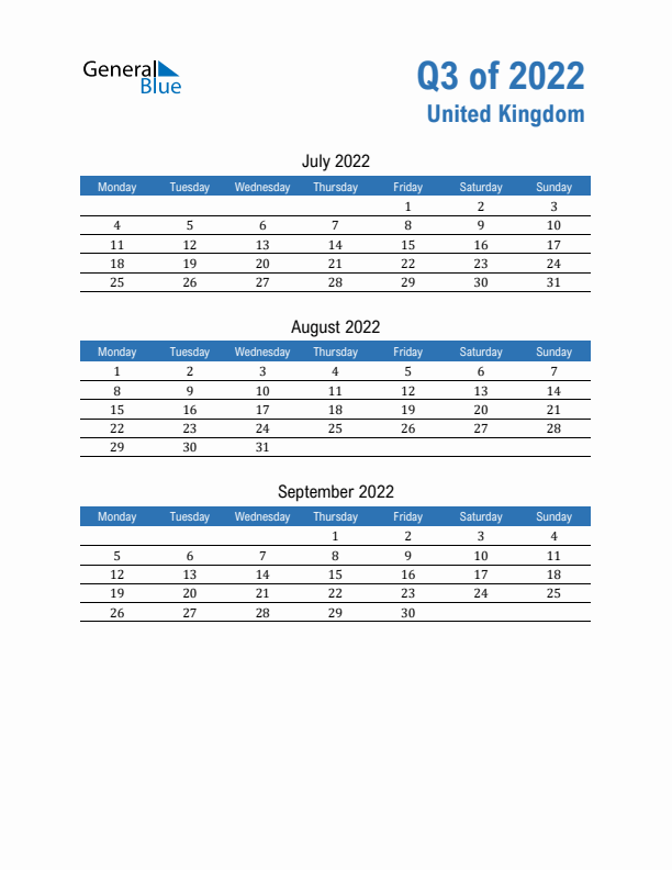 United Kingdom Q3 2022 Quarterly Calendar with Monday Start