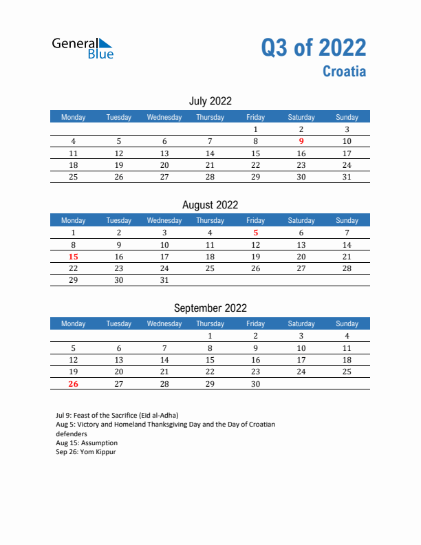 Croatia Q3 2022 Quarterly Calendar with Monday Start