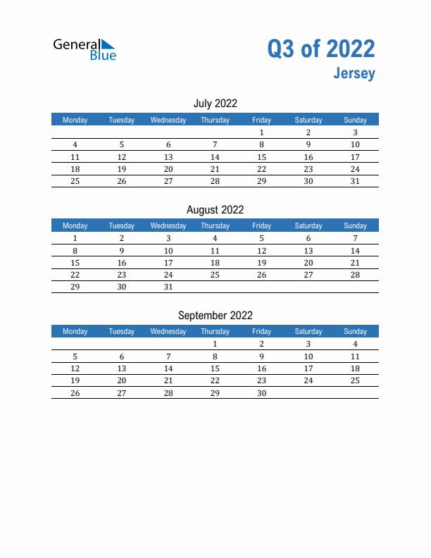 Jersey Q3 2022 Quarterly Calendar with Monday Start