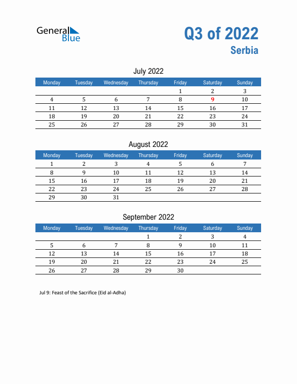 Serbia Q3 2022 Quarterly Calendar with Monday Start