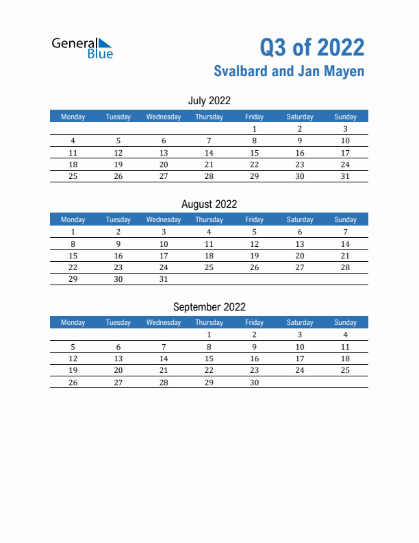 Svalbard and Jan Mayen Q3 2022 Quarterly Calendar with Monday Start