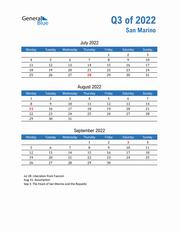 San Marino Q3 2022 Quarterly Calendar with Monday Start