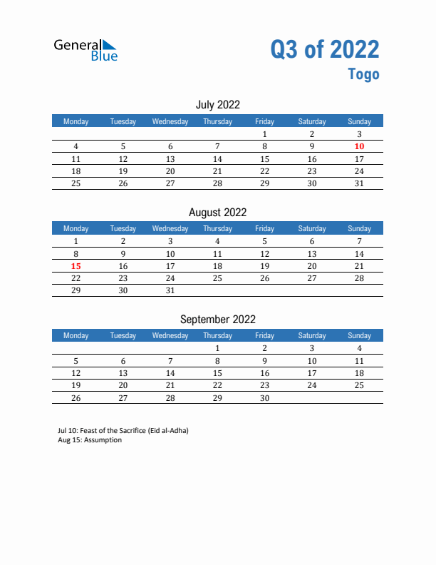 Togo Q3 2022 Quarterly Calendar with Monday Start