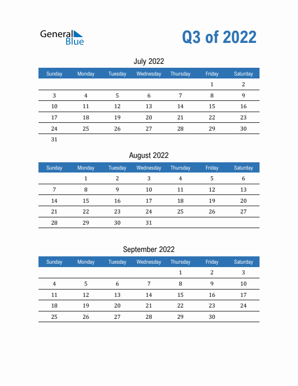 Fillable Quarterly Calendar for Q3 2022