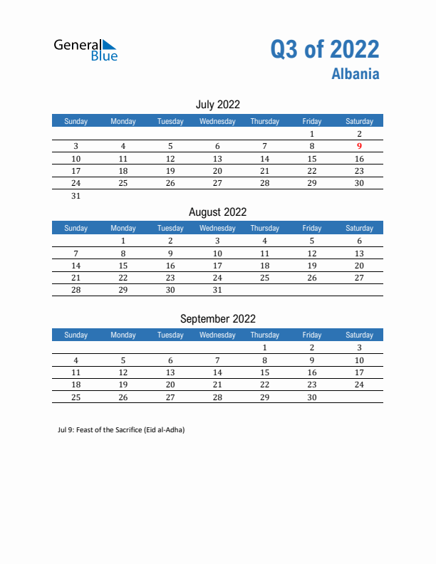 Albania Q3 2022 Quarterly Calendar with Sunday Start