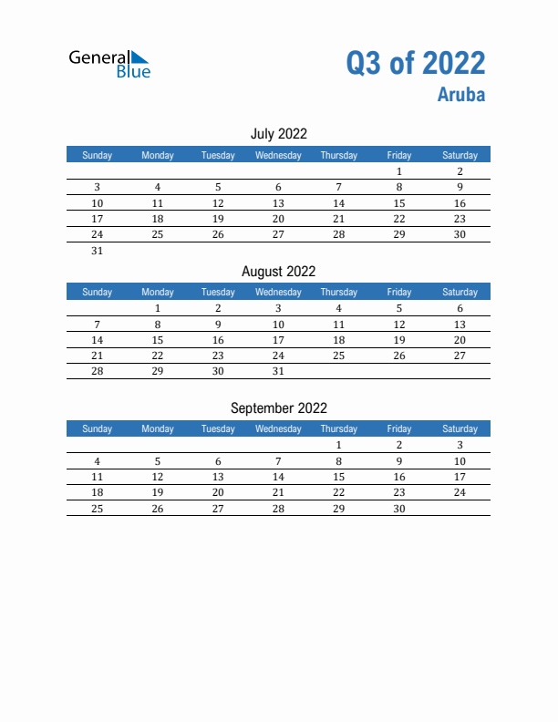 Aruba Q3 2022 Quarterly Calendar with Sunday Start