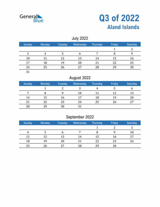 Aland Islands Q3 2022 Quarterly Calendar with Sunday Start