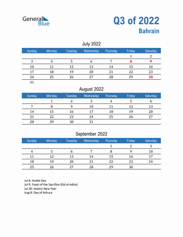 Bahrain Q3 2022 Quarterly Calendar with Sunday Start