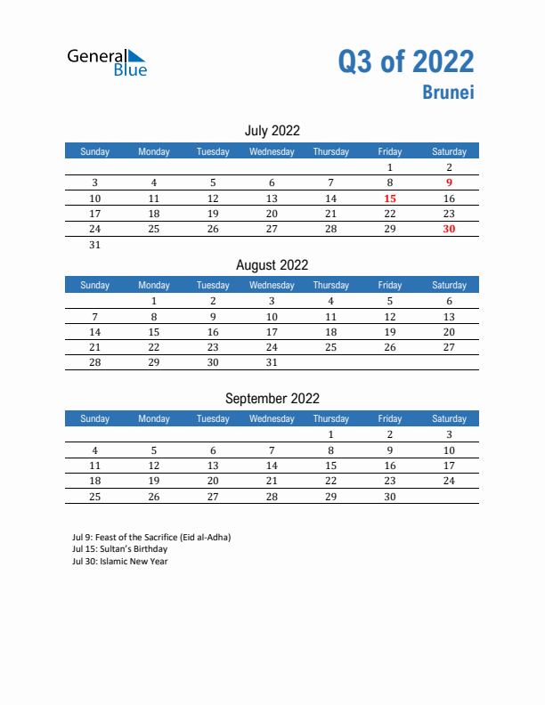 Brunei Q3 2022 Quarterly Calendar with Sunday Start