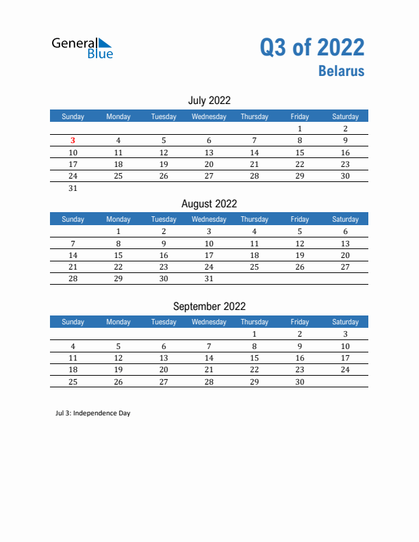 Belarus Q3 2022 Quarterly Calendar with Sunday Start