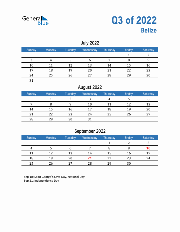 Belize Q3 2022 Quarterly Calendar with Sunday Start