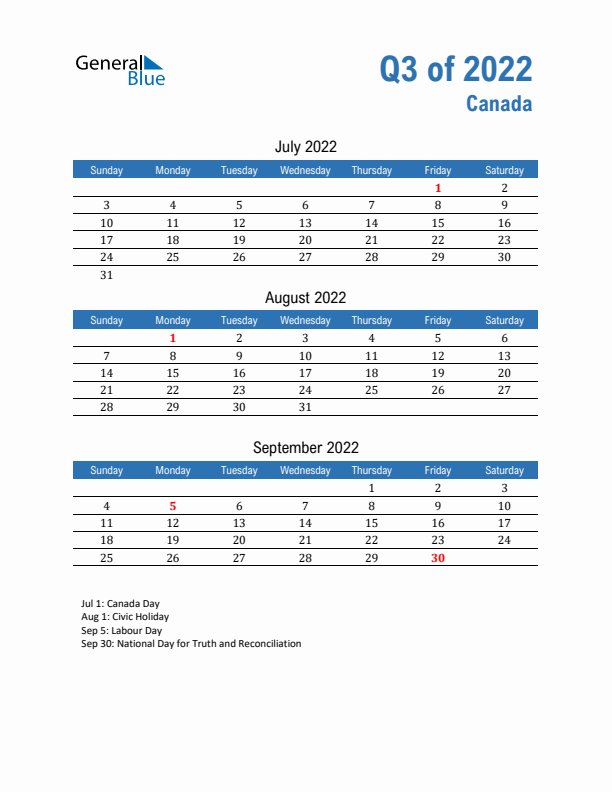 Canada Q3 2022 Quarterly Calendar with Sunday Start