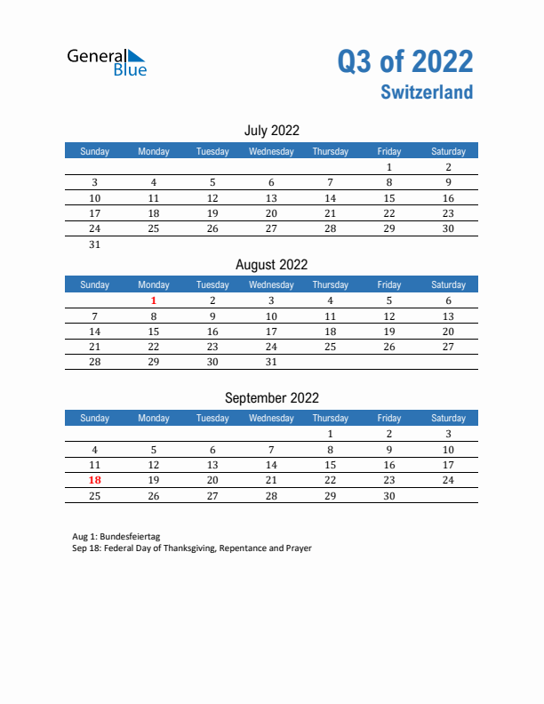 Switzerland Q3 2022 Quarterly Calendar with Sunday Start