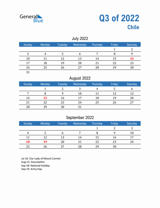 Chile Q3 2022 Quarterly Calendar with Sunday Start