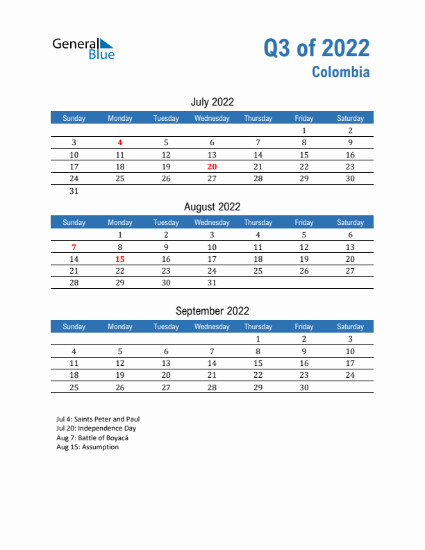 Colombia Q3 2022 Quarterly Calendar with Sunday Start