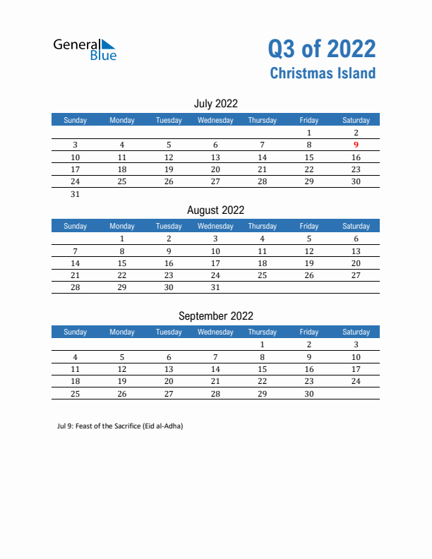 Christmas Island Q3 2022 Quarterly Calendar with Sunday Start