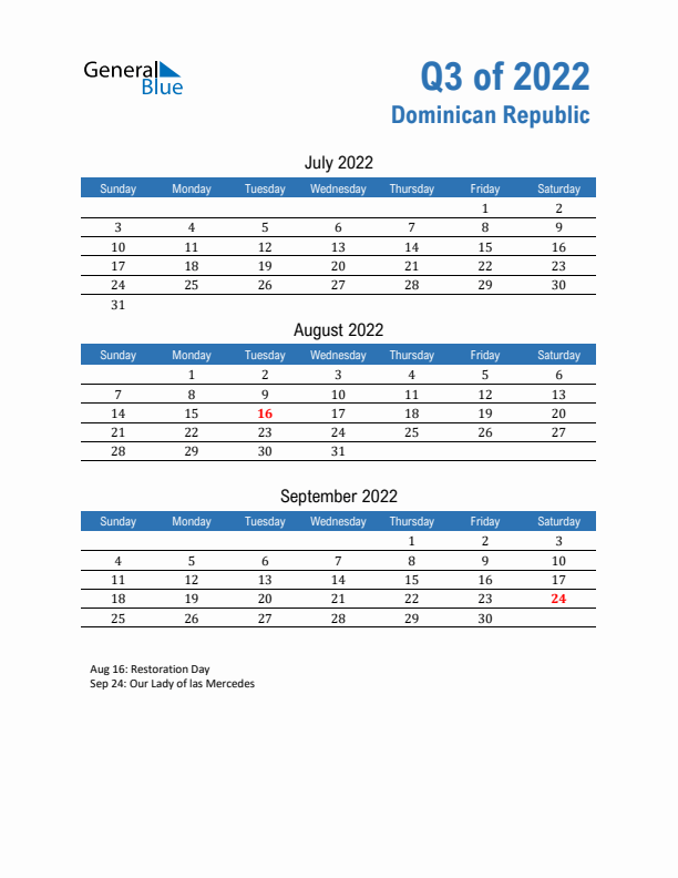 Dominican Republic Q3 2022 Quarterly Calendar with Sunday Start