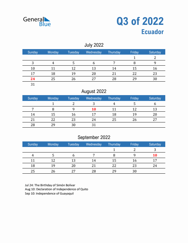 Ecuador Q3 2022 Quarterly Calendar with Sunday Start