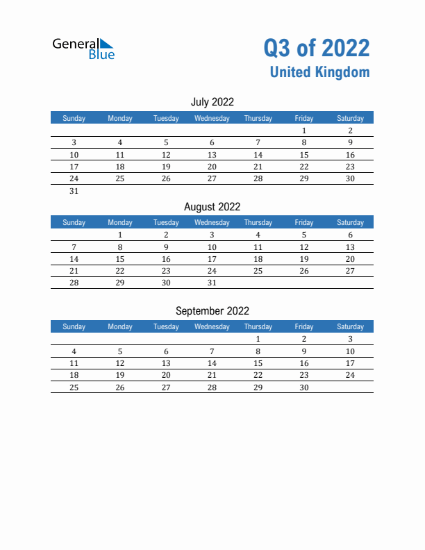 United Kingdom Q3 2022 Quarterly Calendar with Sunday Start