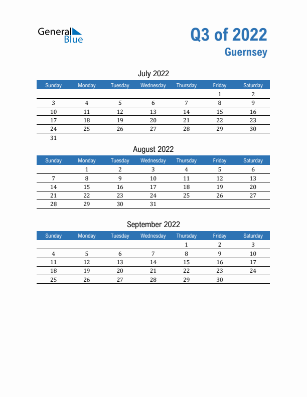 Guernsey Q3 2022 Quarterly Calendar with Sunday Start