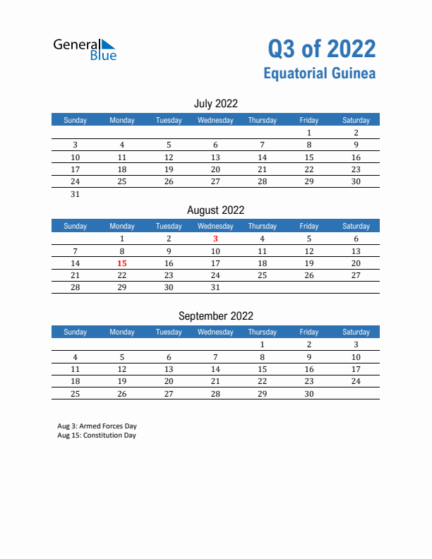 Equatorial Guinea Q3 2022 Quarterly Calendar with Sunday Start