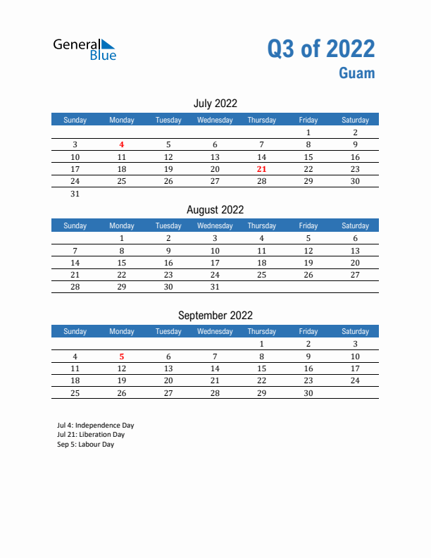 Guam Q3 2022 Quarterly Calendar with Sunday Start