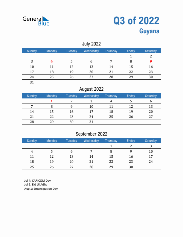 Guyana Q3 2022 Quarterly Calendar with Sunday Start