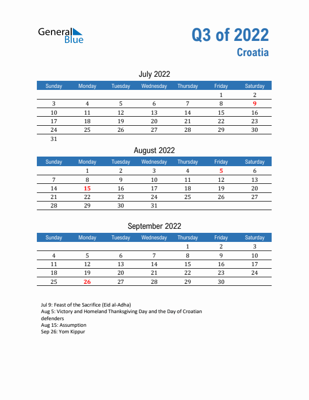 Croatia Q3 2022 Quarterly Calendar with Sunday Start