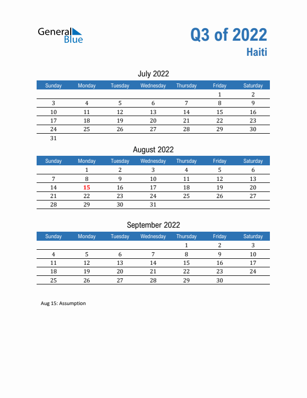 Haiti Q3 2022 Quarterly Calendar with Sunday Start