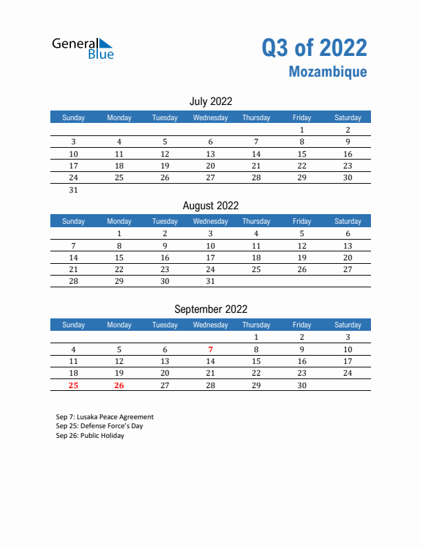 Mozambique Q3 2022 Quarterly Calendar with Sunday Start