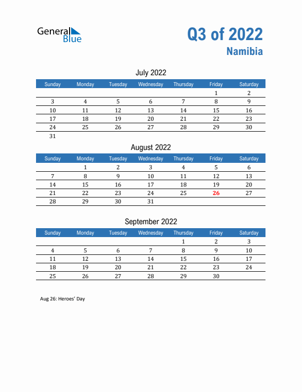 Namibia Q3 2022 Quarterly Calendar with Sunday Start