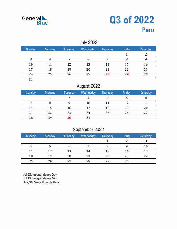 Peru Q3 2022 Quarterly Calendar with Sunday Start