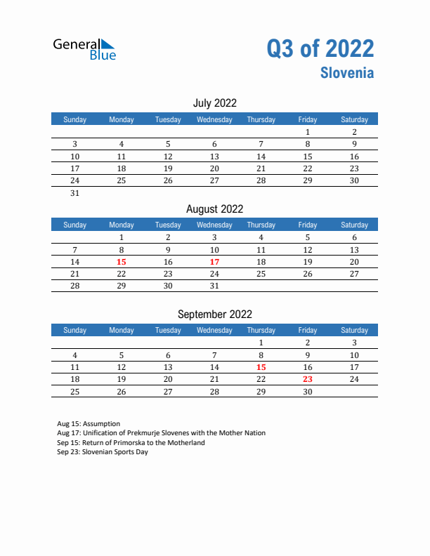 Slovenia Q3 2022 Quarterly Calendar with Sunday Start