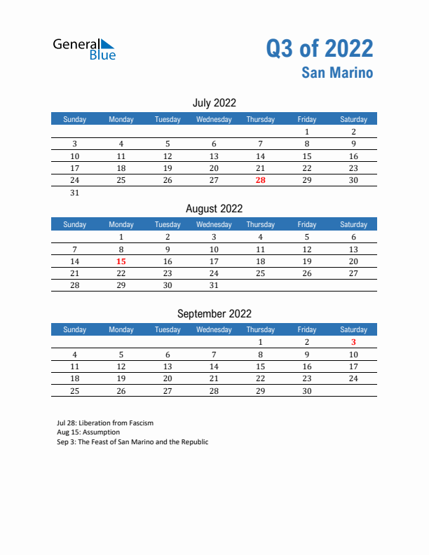 San Marino Q3 2022 Quarterly Calendar with Sunday Start