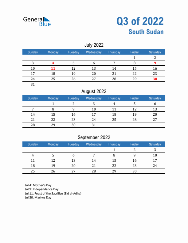 South Sudan Q3 2022 Quarterly Calendar with Sunday Start