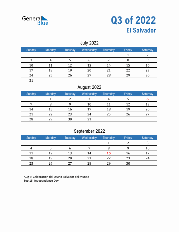 El Salvador Q3 2022 Quarterly Calendar with Sunday Start