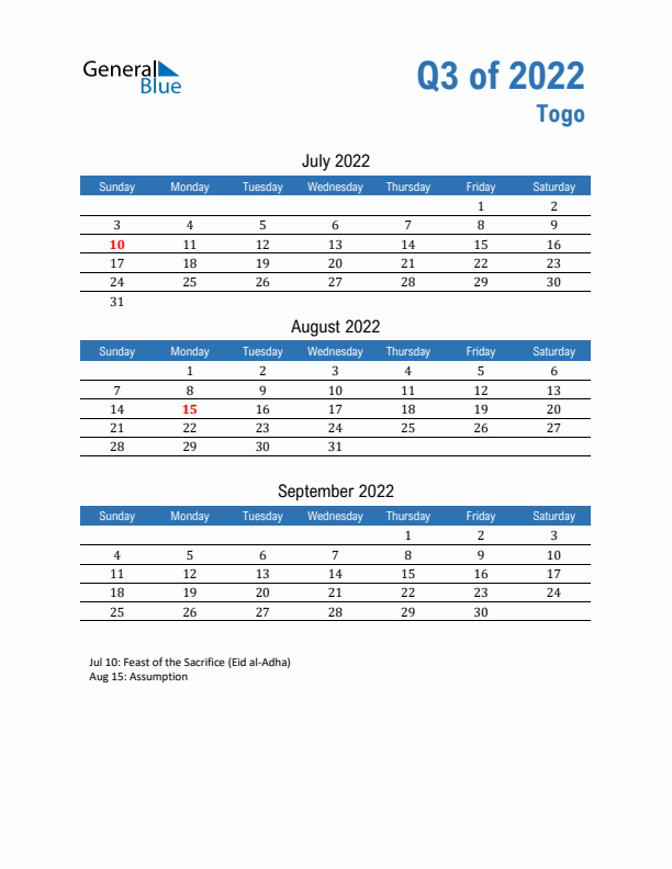 Togo Q3 2022 Quarterly Calendar with Sunday Start