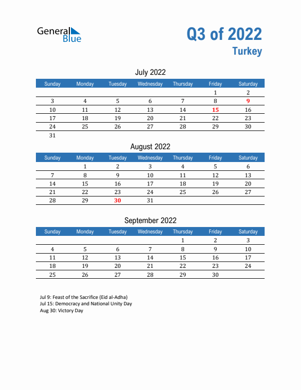 Turkey Q3 2022 Quarterly Calendar with Sunday Start