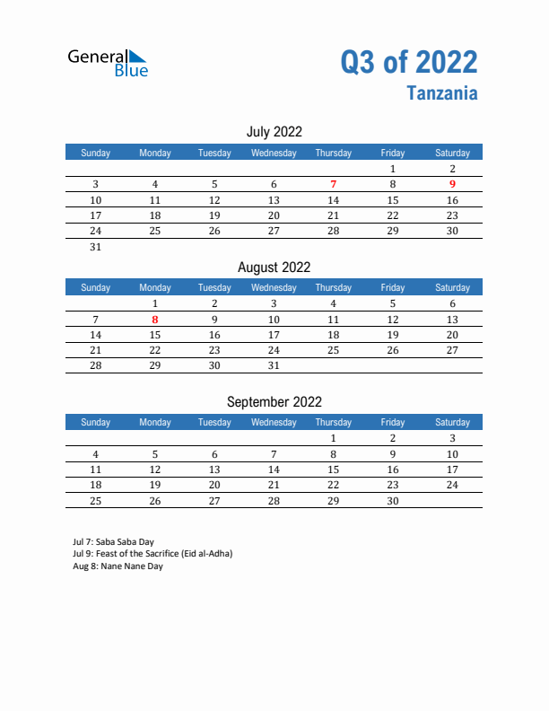 Tanzania Q3 2022 Quarterly Calendar with Sunday Start