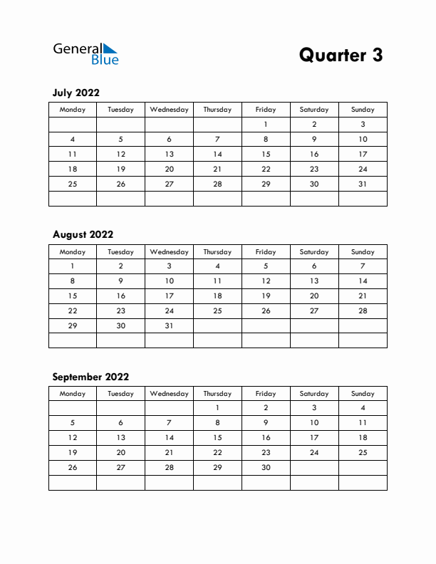 Quarter 3 2022 Calendar - Monday Start