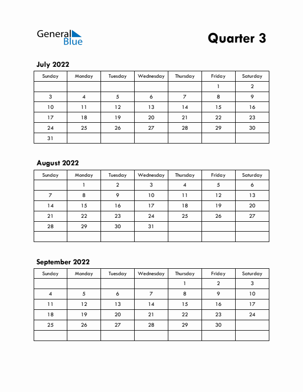 Quarter 3 2022 Calendar - Sunday Start