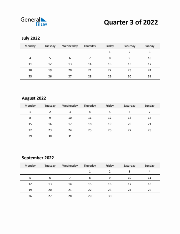 2022 Three-Month Calendar (Quarter 3)