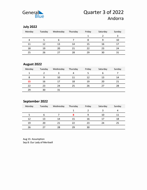 2022 Q3 Three-Month Calendar for Andorra